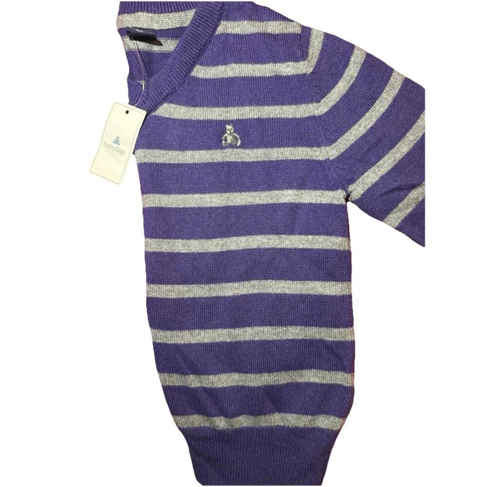babyGap Toddler 3 Years Purple Gray Striped Bear Knit Pullover Sweater V-Neck